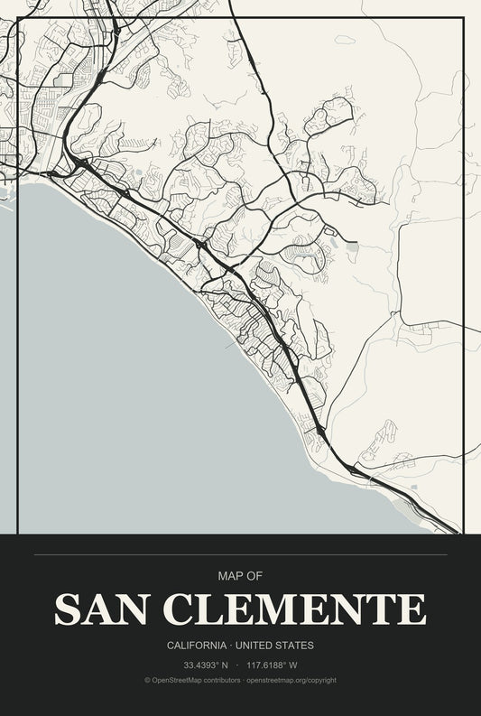 San Clemente, California City Map Aluminum Sign in Museum Plaque style