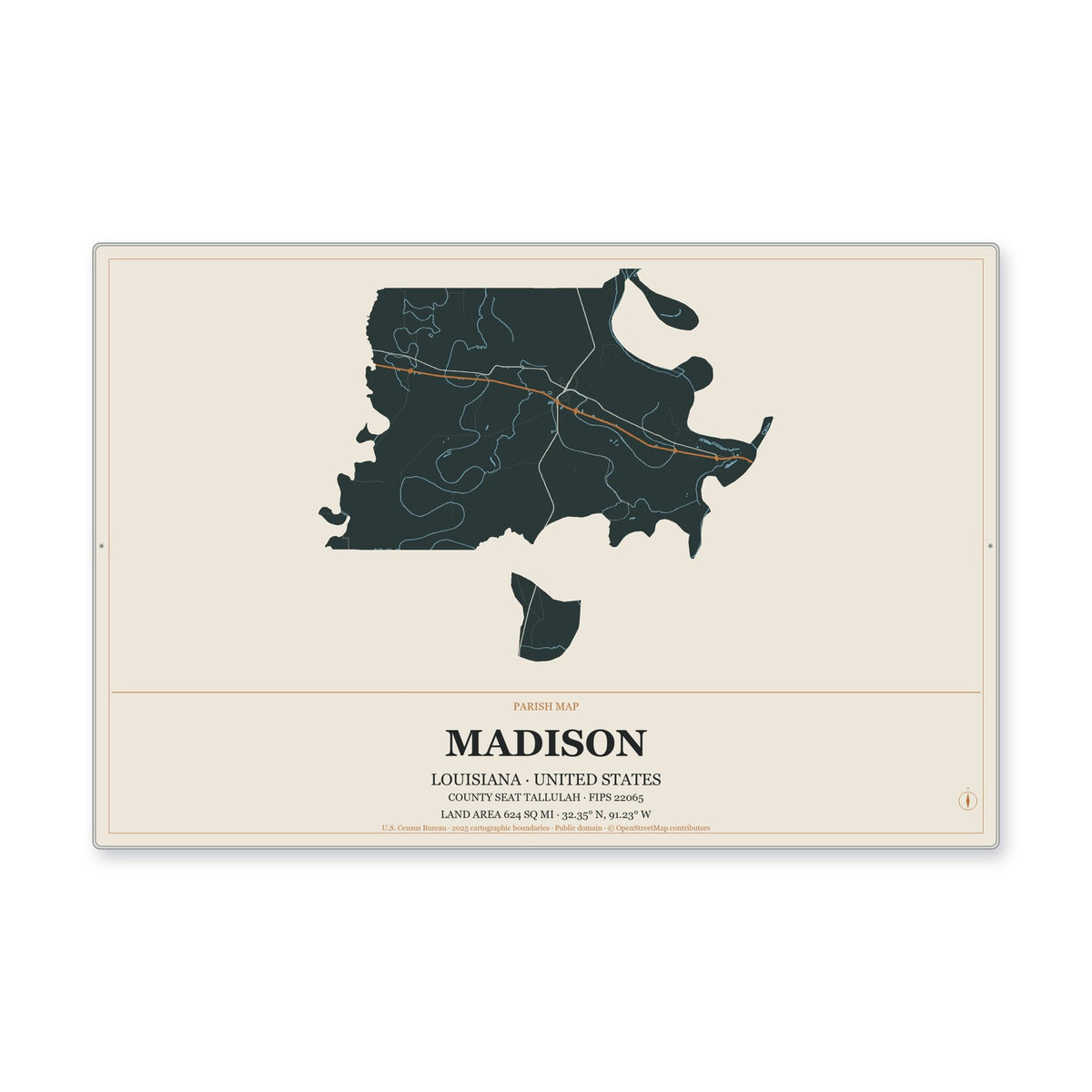 Madison Parish, Louisiana Map Aluminum Sign in Headline Atlas style