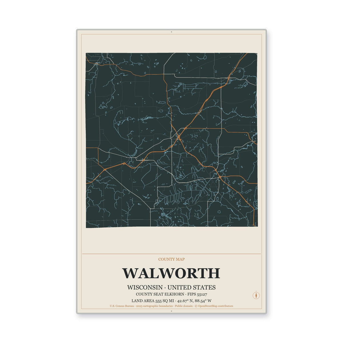 Walworth County, Wisconsin Map Aluminum Sign in Headline Atlas style