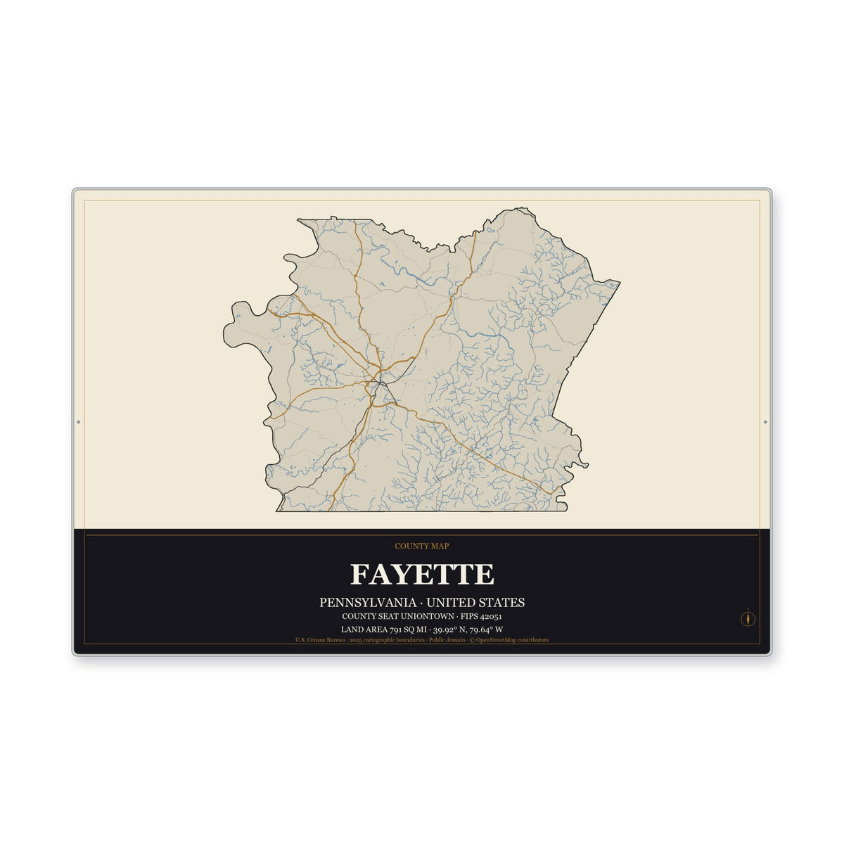Fayette County, Pennsylvania Map Aluminum Sign in Museum Plaque style