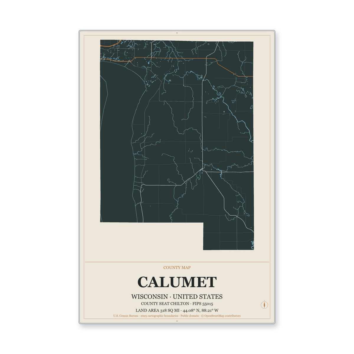 Calumet County, Wisconsin Map Aluminum Sign in Headline Atlas style