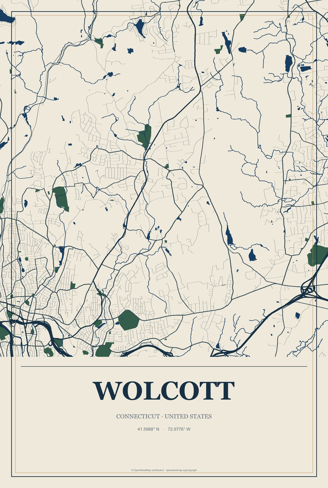 Wolcott, Connecticut City Map Aluminum Sign in Coastal Cutout style