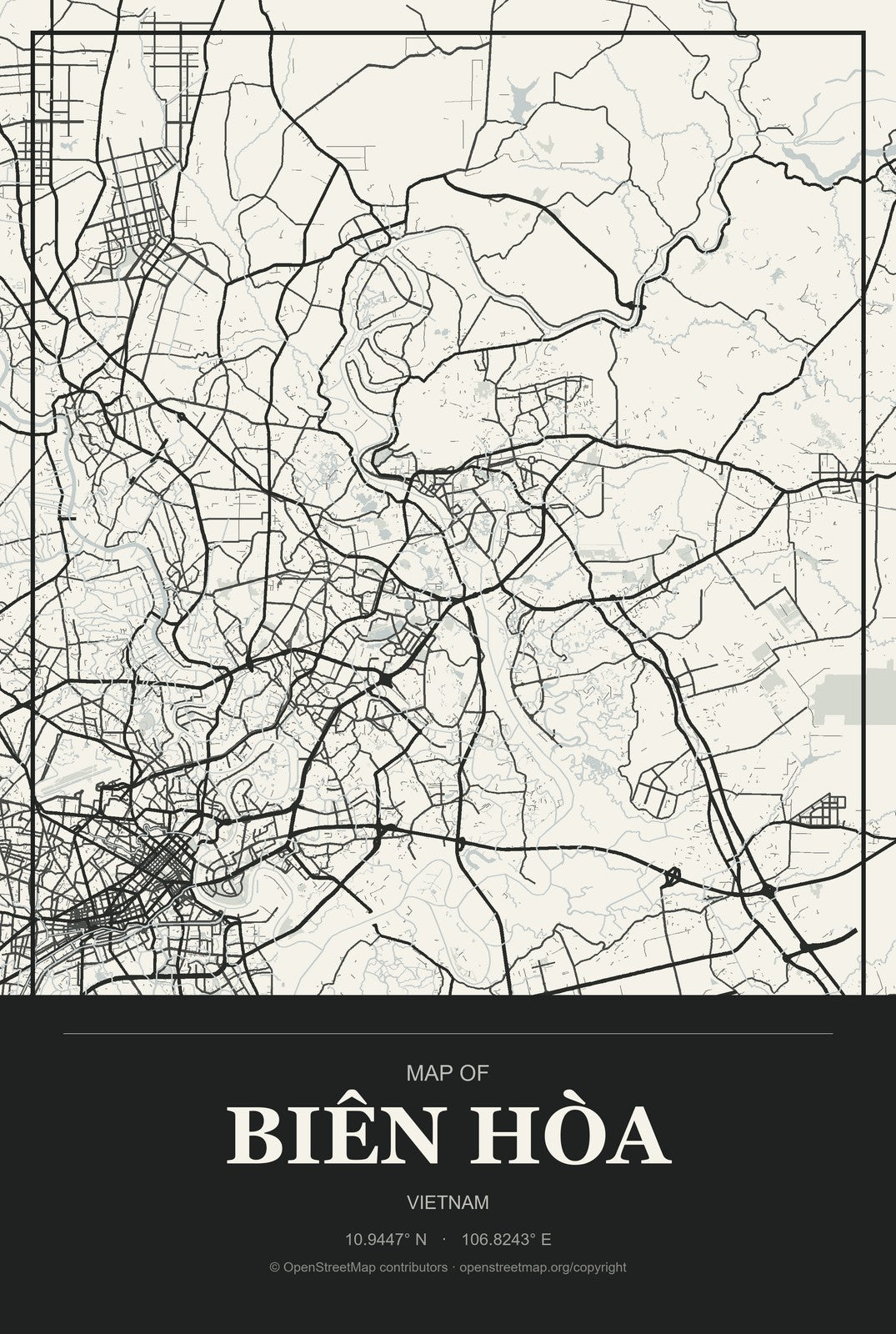 Biên Hòa, Vietnam City Map Aluminum Sign in Museum Plaque style