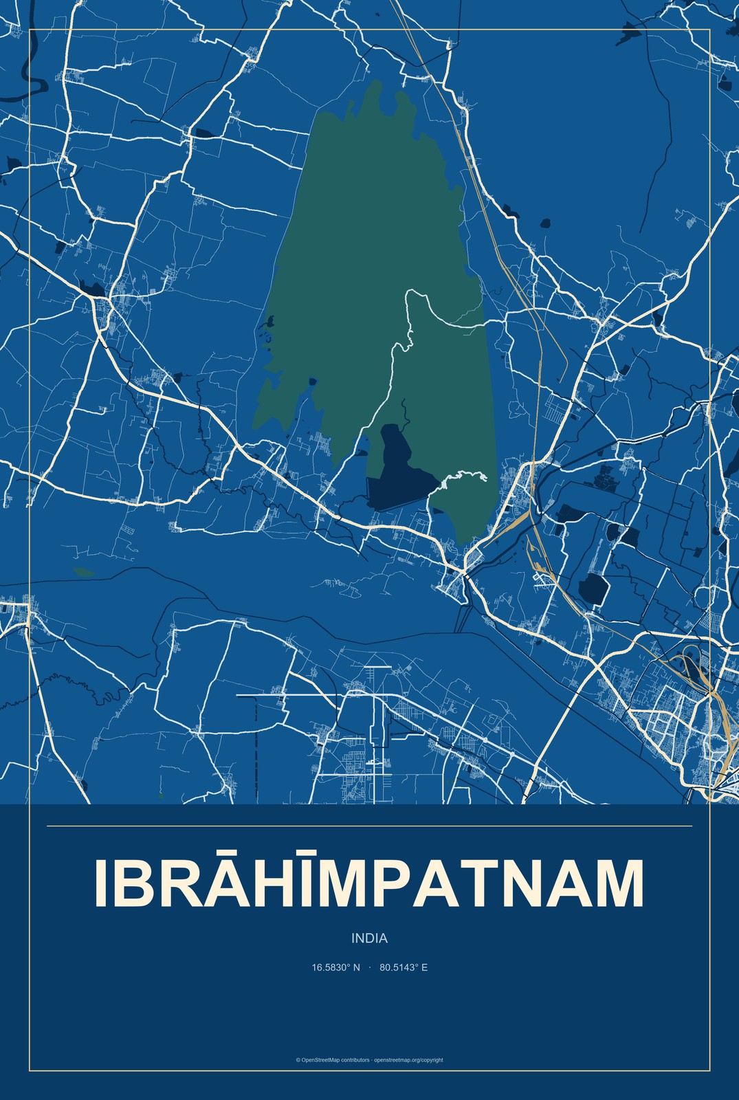 Ibrāhīmpatnam, India City Map Aluminum Sign in Harbor Cobalt style