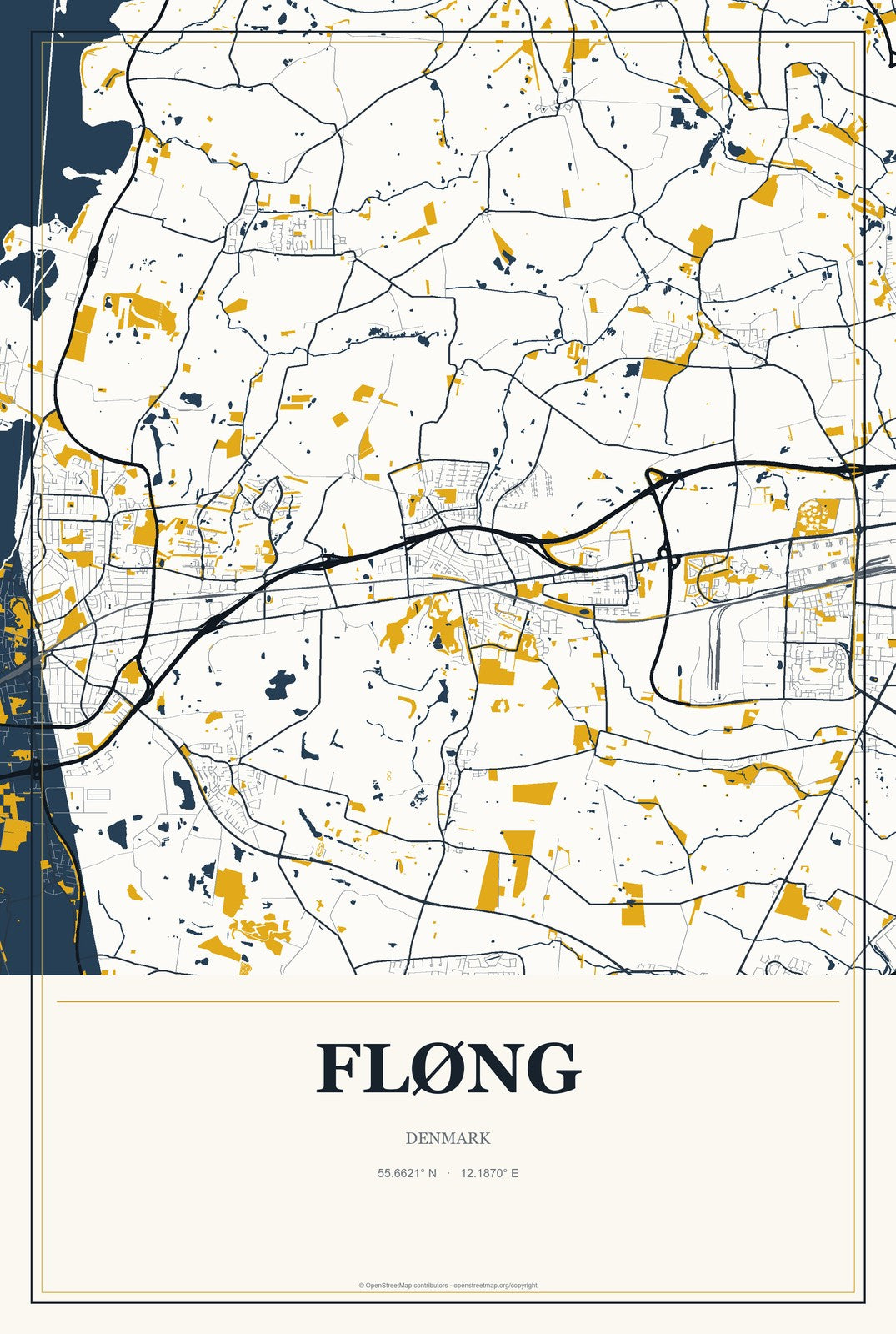 Fløng, Denmark City Map Aluminum Sign in Citrine Modern style
