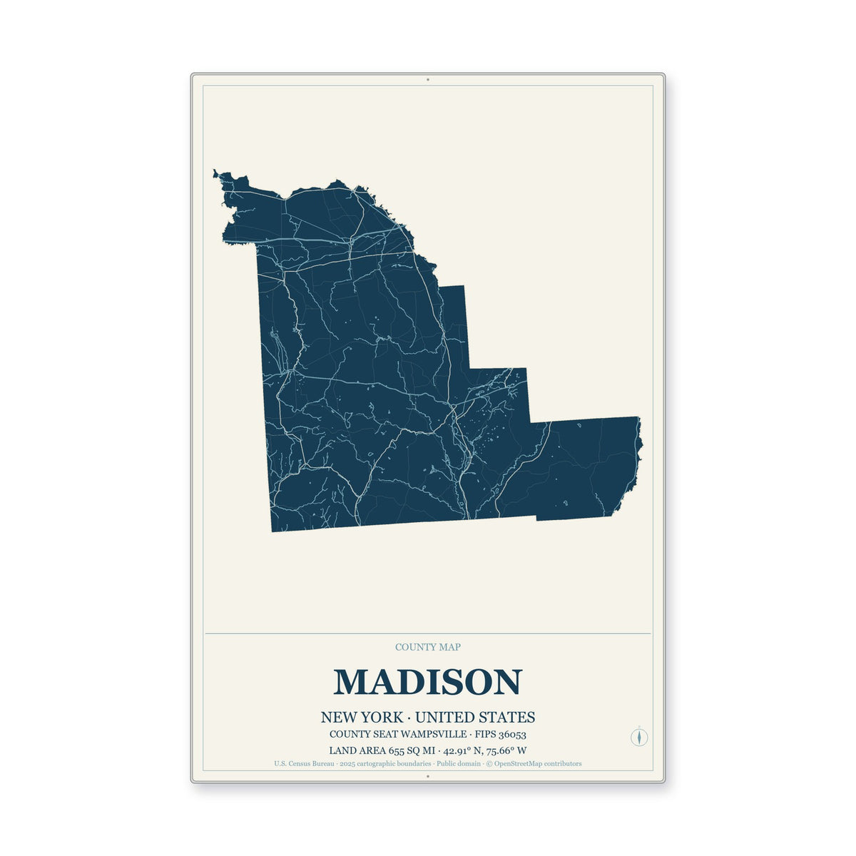 Madison County, New York Map Aluminum Sign in Coastal Cutout style