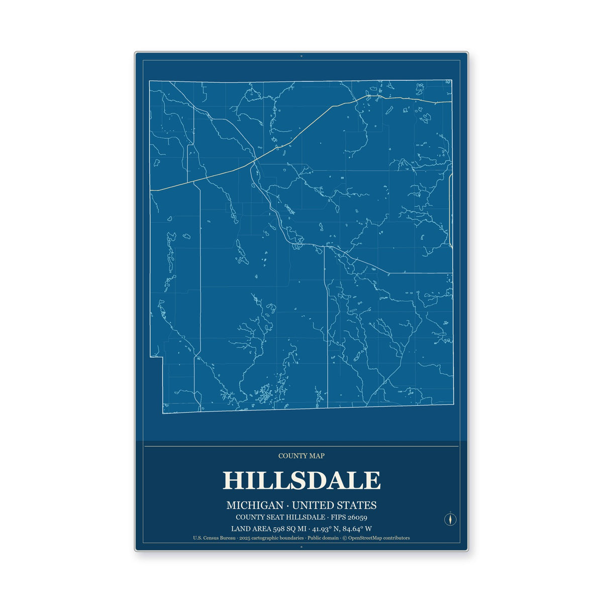 Hillsdale County, Michigan Map Aluminum Sign in Harbor Cobalt style