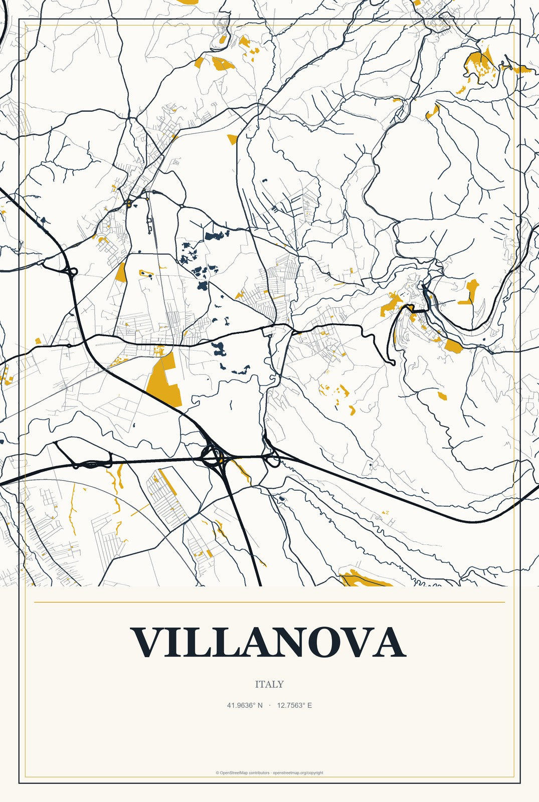Villanova, Italy City Map Aluminum Sign in Citrine Modern style