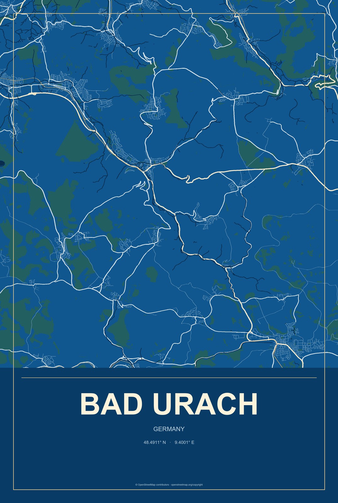 Bad Urach, Germany City Map Aluminum Sign in Harbor Cobalt style