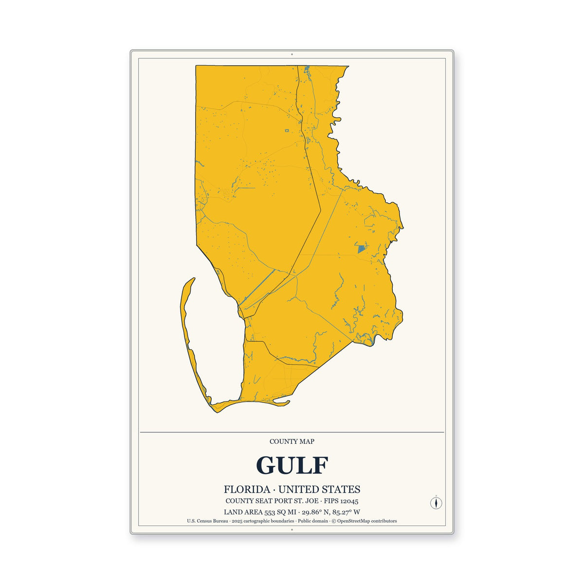 Gulf County, Florida Map Aluminum Sign in Citrine Modern style