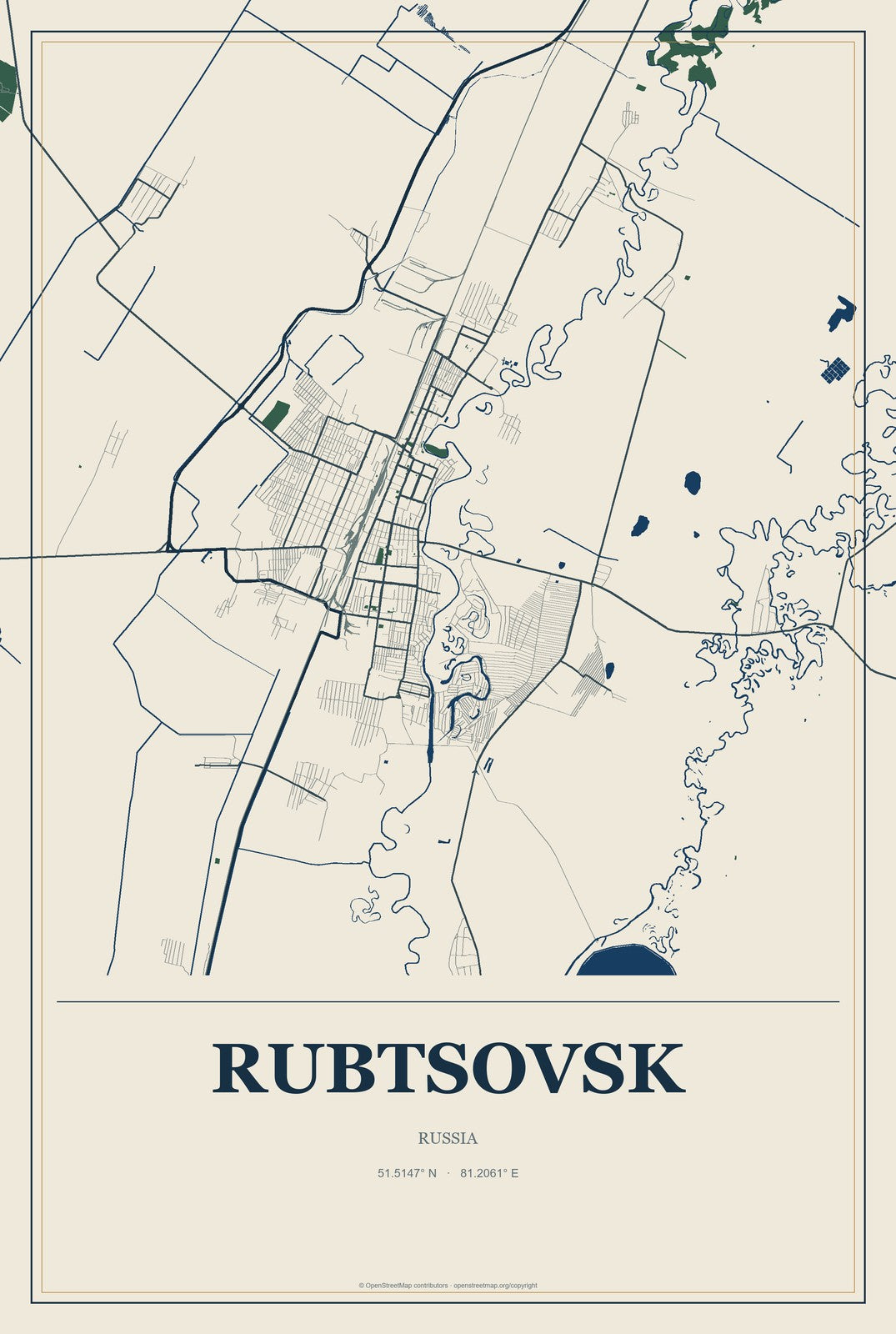 Rubtsovsk, Russia City Map Aluminum Sign in Coastal Cutout style