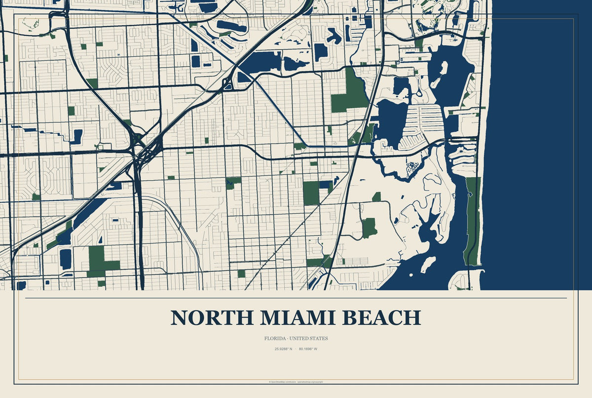 North Miami Beach, Florida City Map Aluminum Sign in Coastal Cutout style