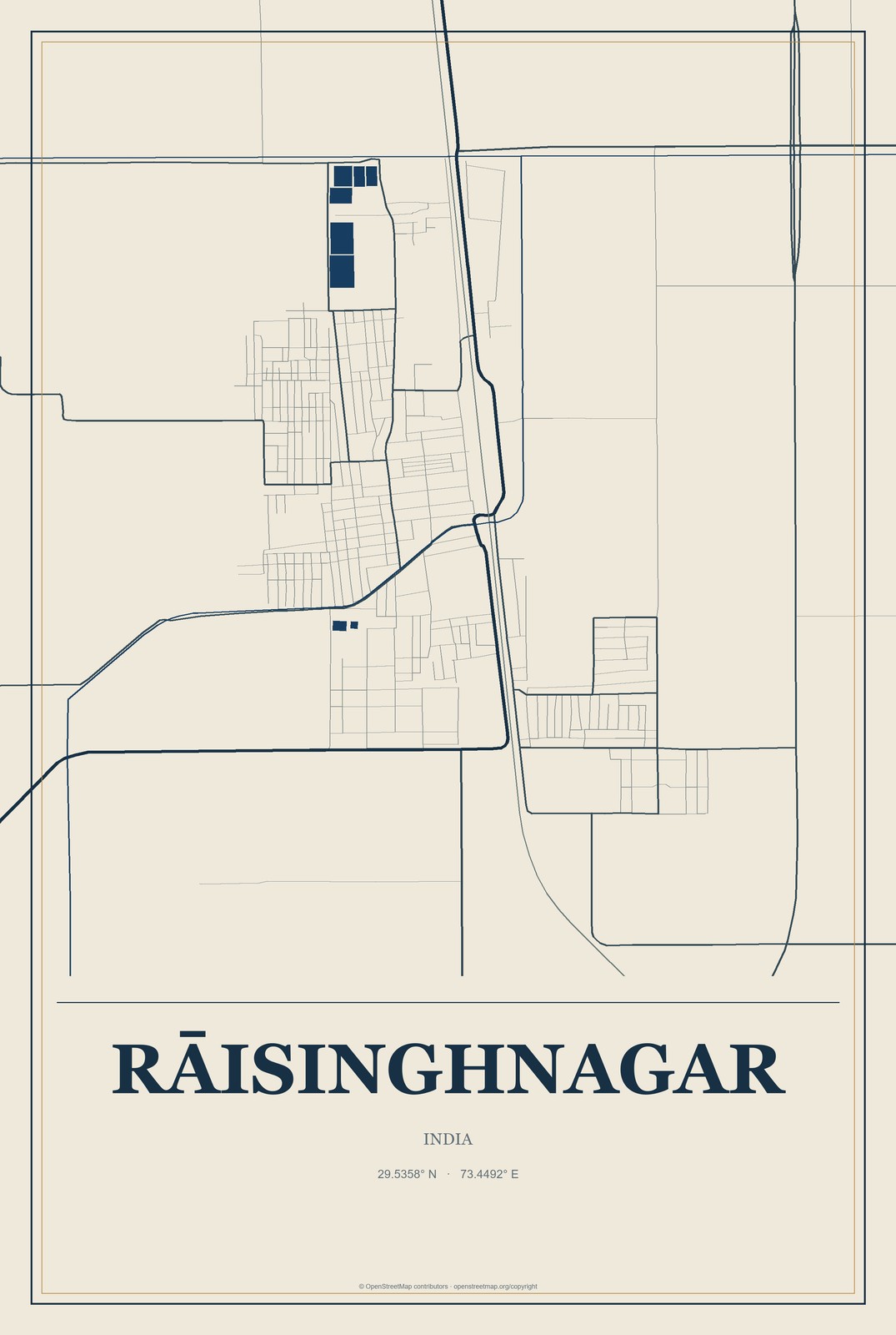 Rāisinghnagar, India City Map Aluminum Sign in Coastal Cutout style