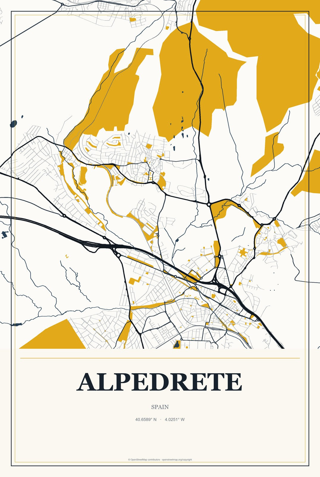 Alpedrete, Spain City Map Aluminum Sign in Citrine Modern style