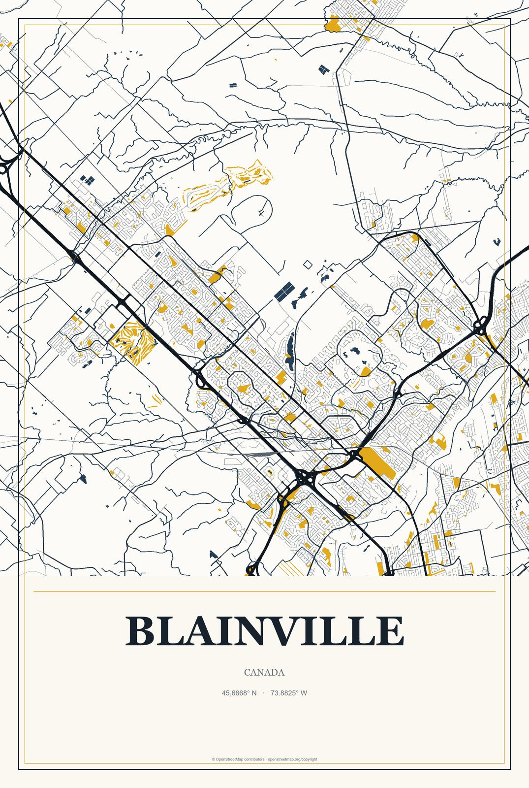 Blainville, Canada City Map Aluminum Sign in Citrine Modern style