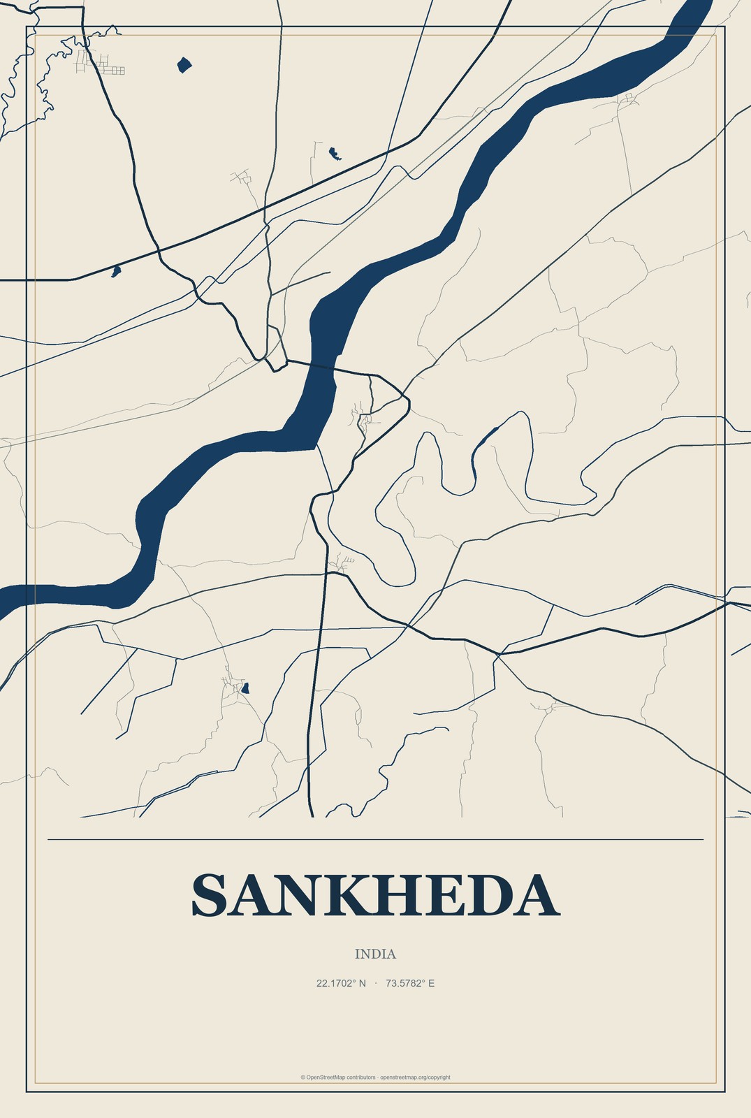 Sankheda, India City Map Aluminum Sign in Coastal Cutout style
