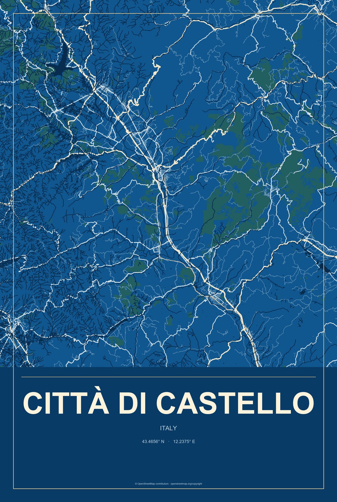 Città di Castello, Italy City Map Aluminum Sign in Harbor Cobalt style