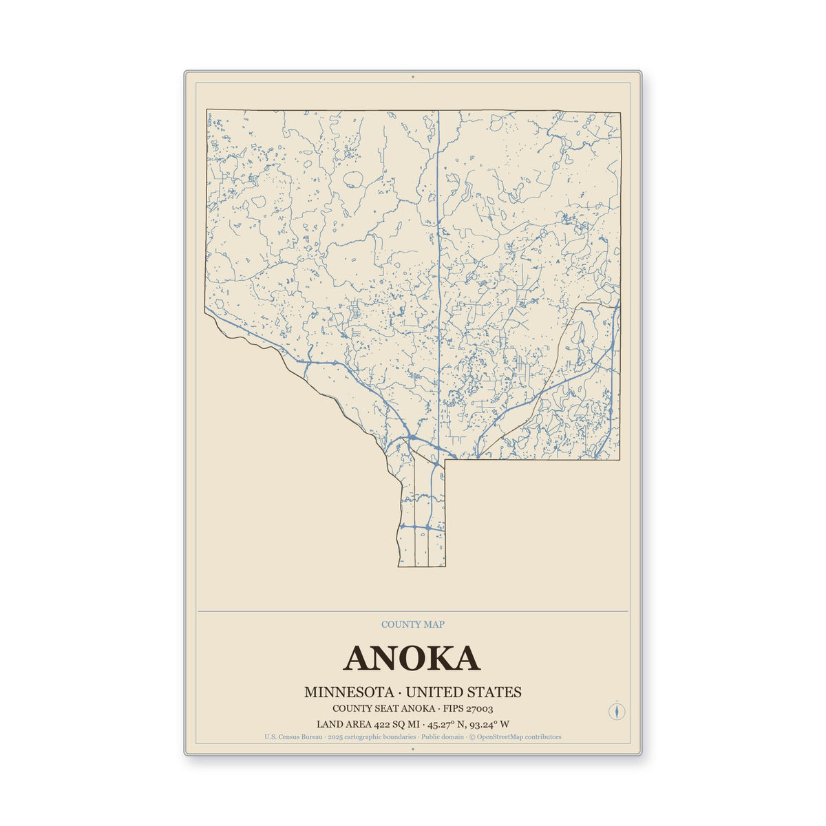 Anoka County, Minnesota Map Aluminum Sign in Heritage Nautical style