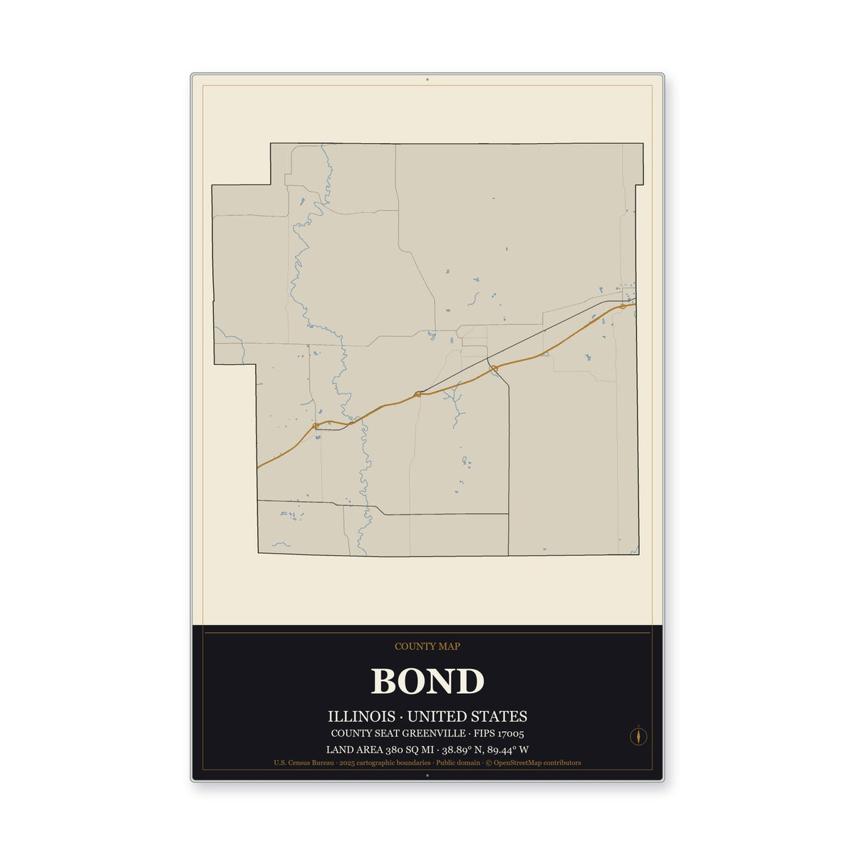 Bond County, Illinois Map Aluminum Sign in Museum Plaque style