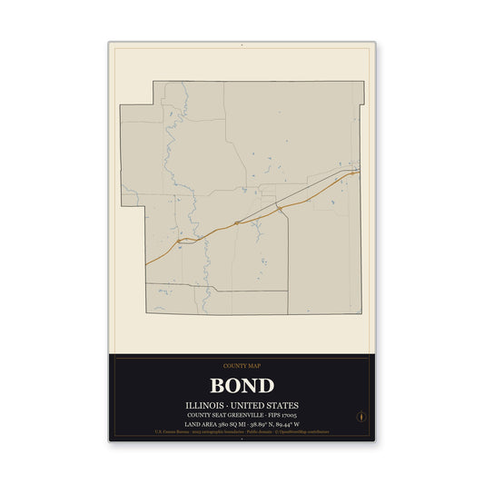 Bond County, Illinois Map Aluminum Sign in Museum Plaque style
