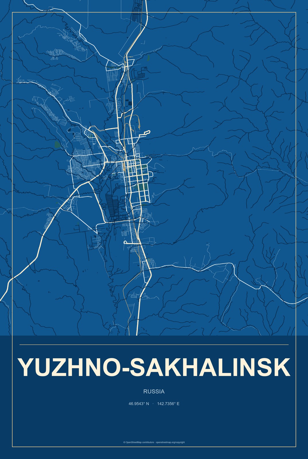 Yuzhno-Sakhalinsk, Russia City Map Aluminum Sign in Harbor Cobalt style