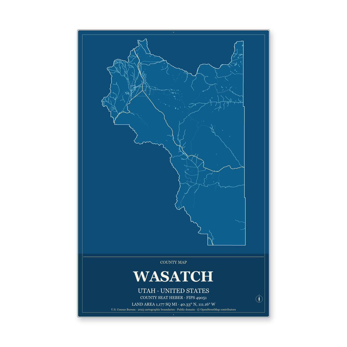 Wasatch County, Utah Map Aluminum Sign in Harbor Cobalt style