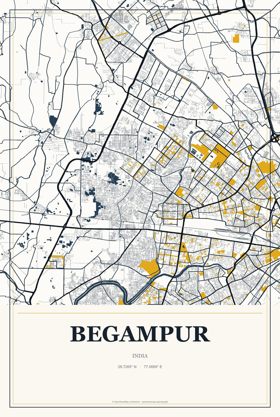 Begampur, India City Map Aluminum Sign in Citrine Modern style