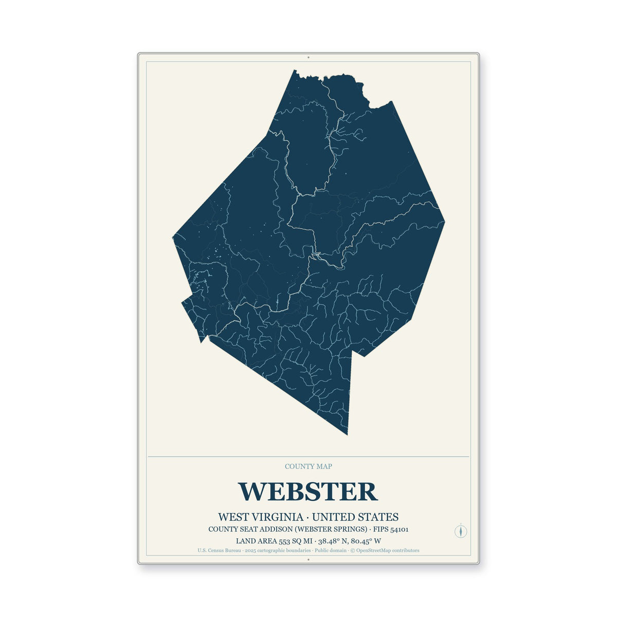 Webster County, West Virginia Map Aluminum Sign in Coastal Cutout style