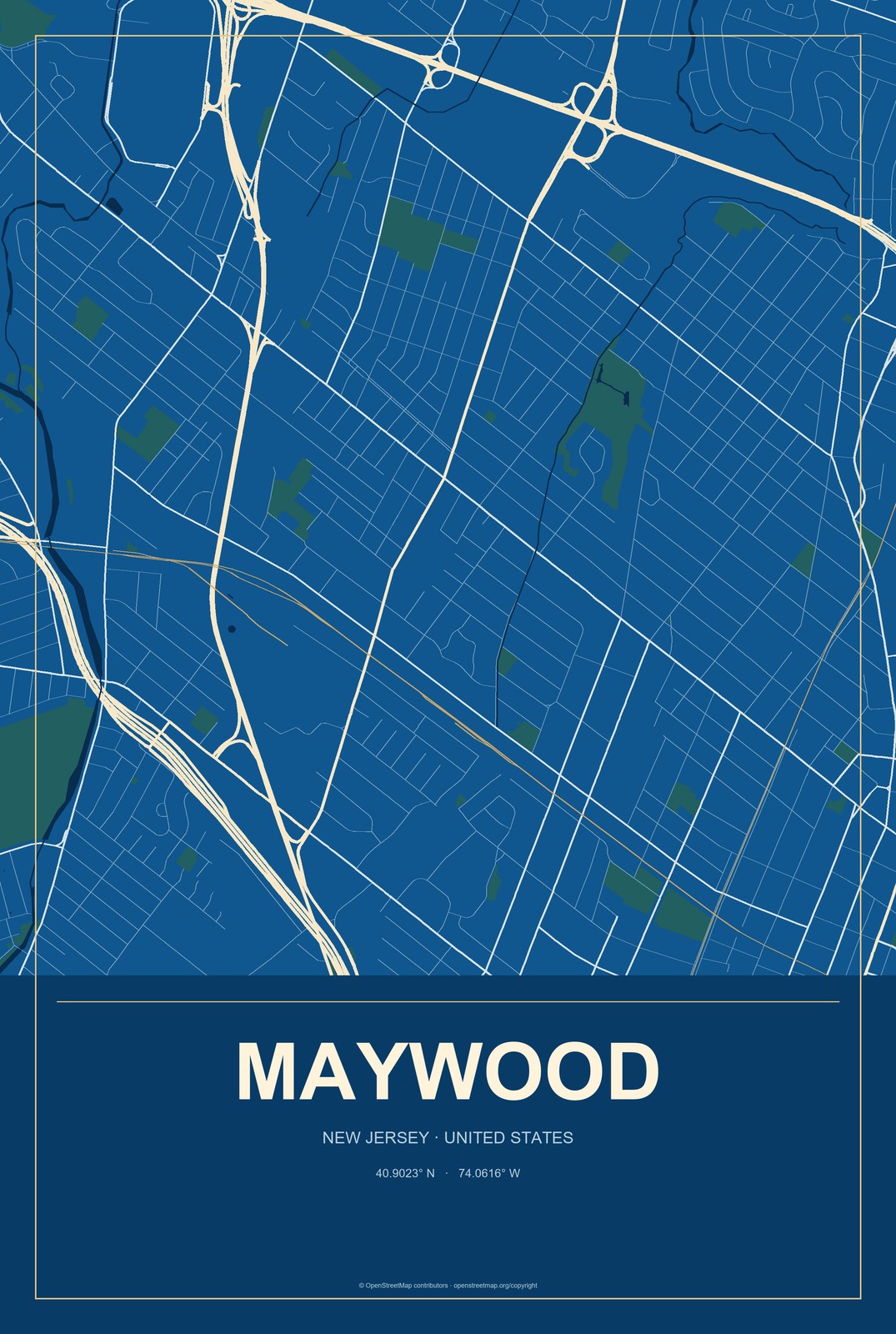 Maywood, New Jersey City Map Aluminum Sign in Harbor Cobalt style