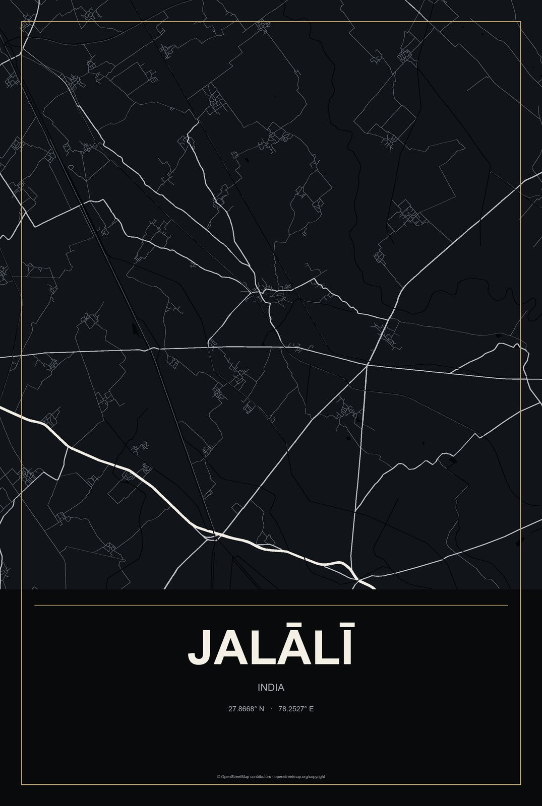 Jalālī, India City Map Aluminum Sign in Metropolitan Noir style