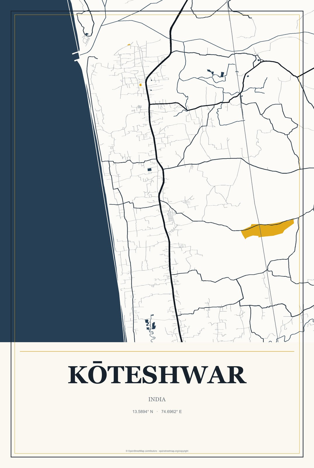Kōteshwar, India City Map Aluminum Sign in Citrine Modern style