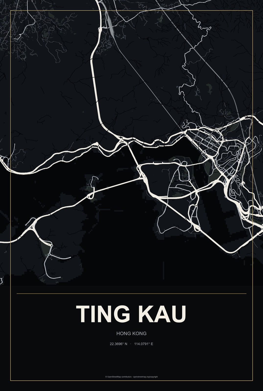 Ting Kau, Hong Kong City Map Aluminum Sign in Metropolitan Noir style