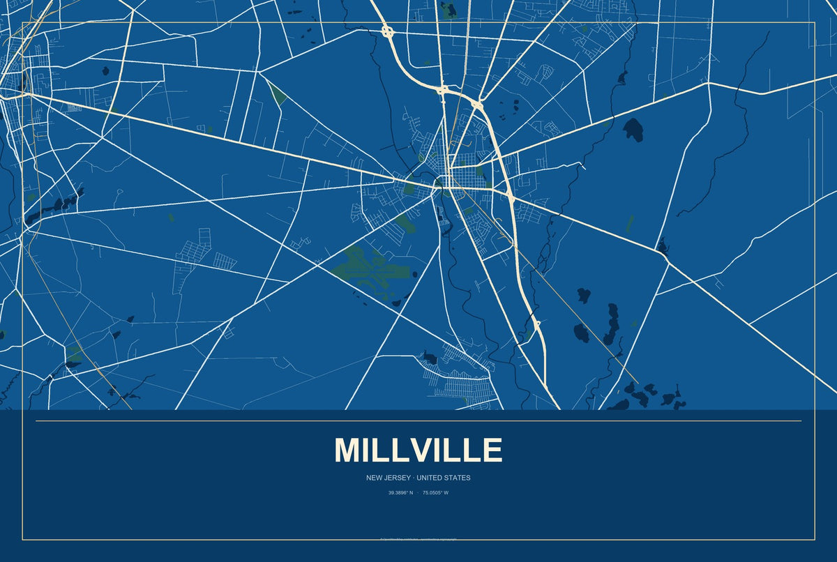 Millville, New Jersey City Map Aluminum Sign in Harbor Cobalt style