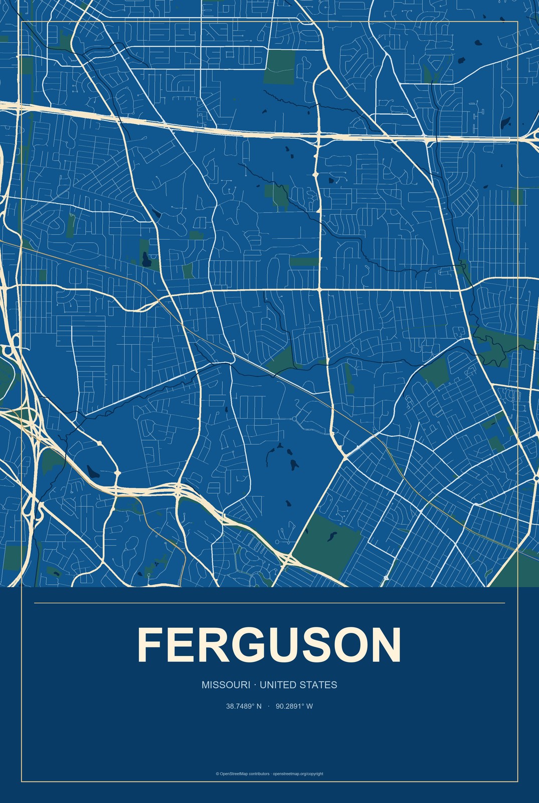 Ferguson, Missouri City Map Aluminum Sign in Harbor Cobalt style