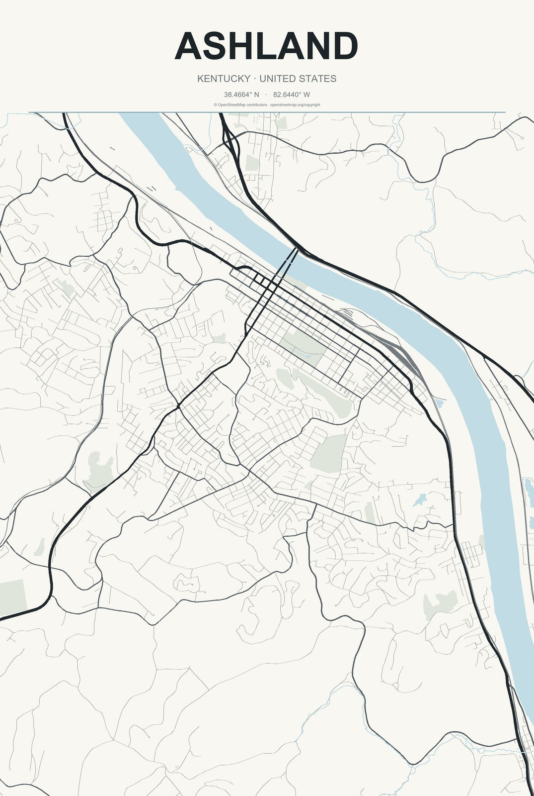 Ashland, Kentucky City Map Aluminum Sign in Headline Atlas style