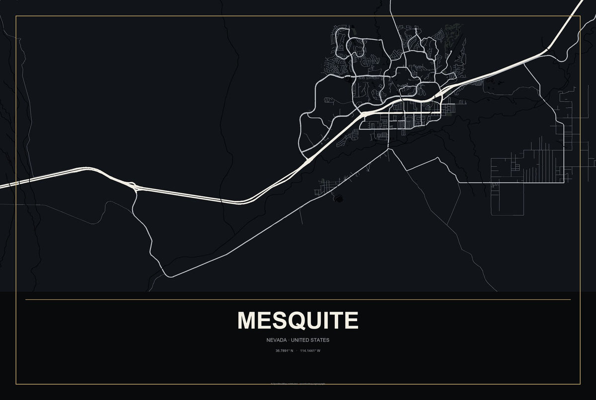 Mesquite, Nevada City Map Aluminum Sign in Metropolitan Noir style