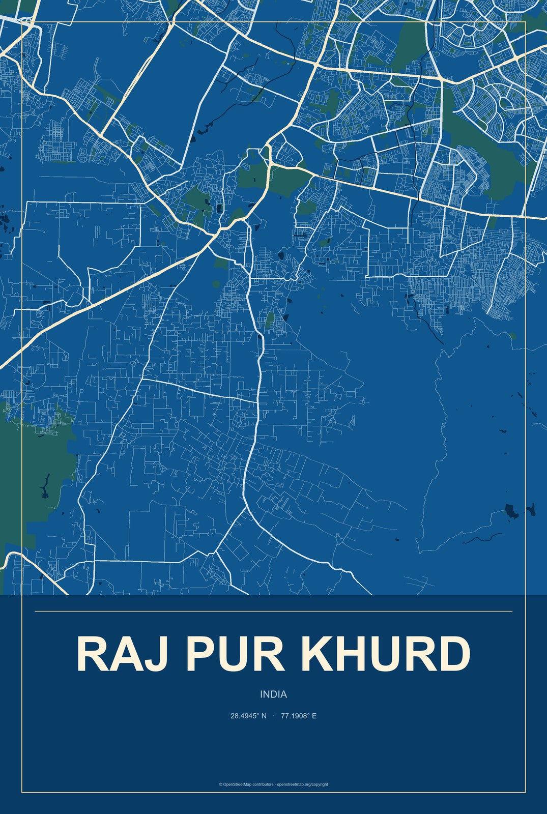 Raj Pur Khurd, India City Map Aluminum Sign in Harbor Cobalt style