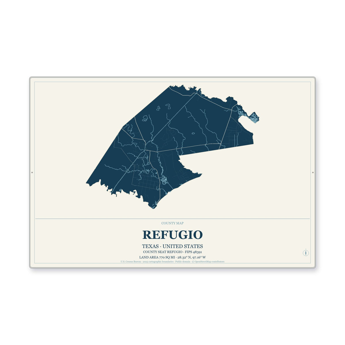 Refugio County, Texas Map Aluminum Sign in Coastal Cutout style