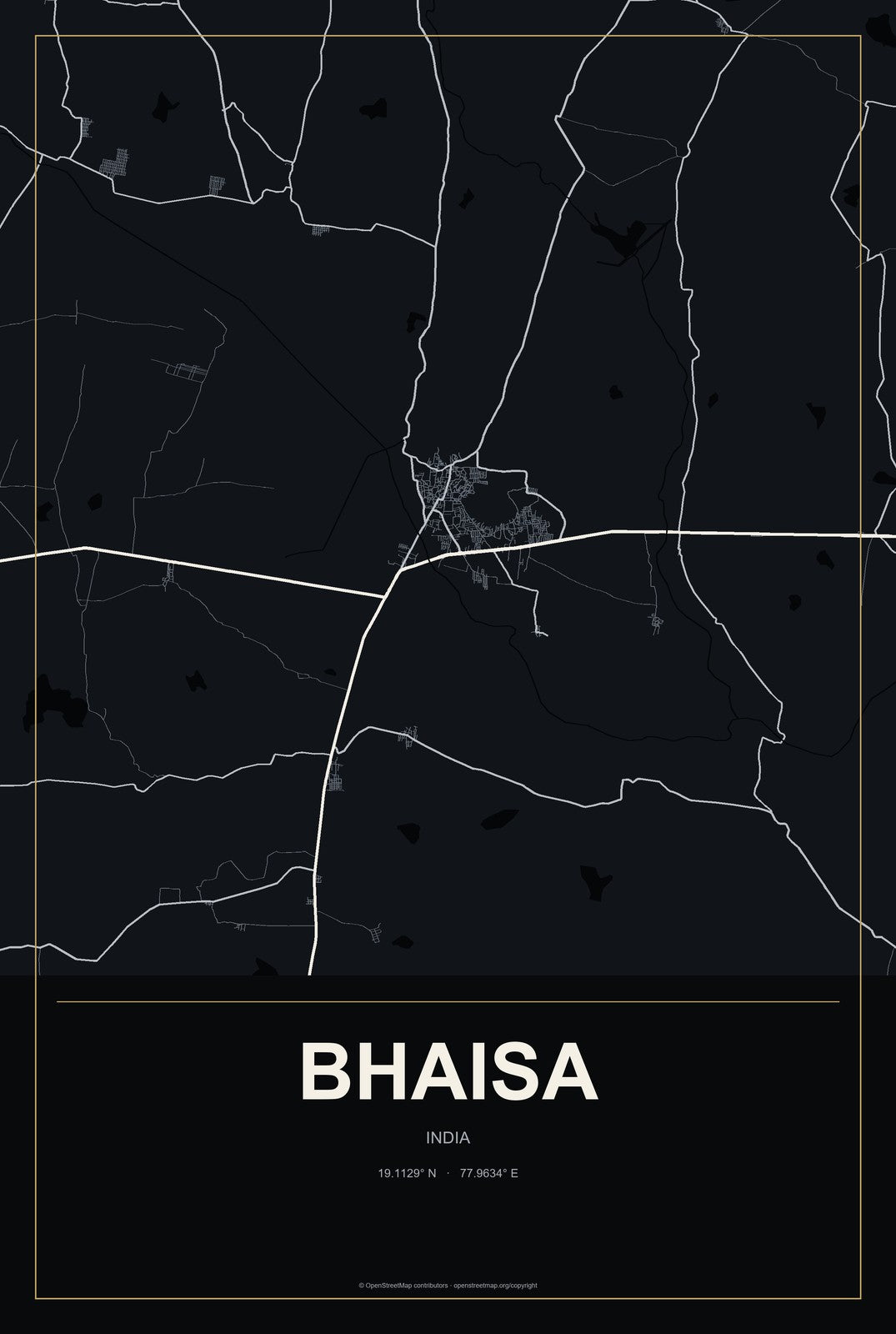 Bhaisa, India City Map Aluminum Sign in Metropolitan Noir style