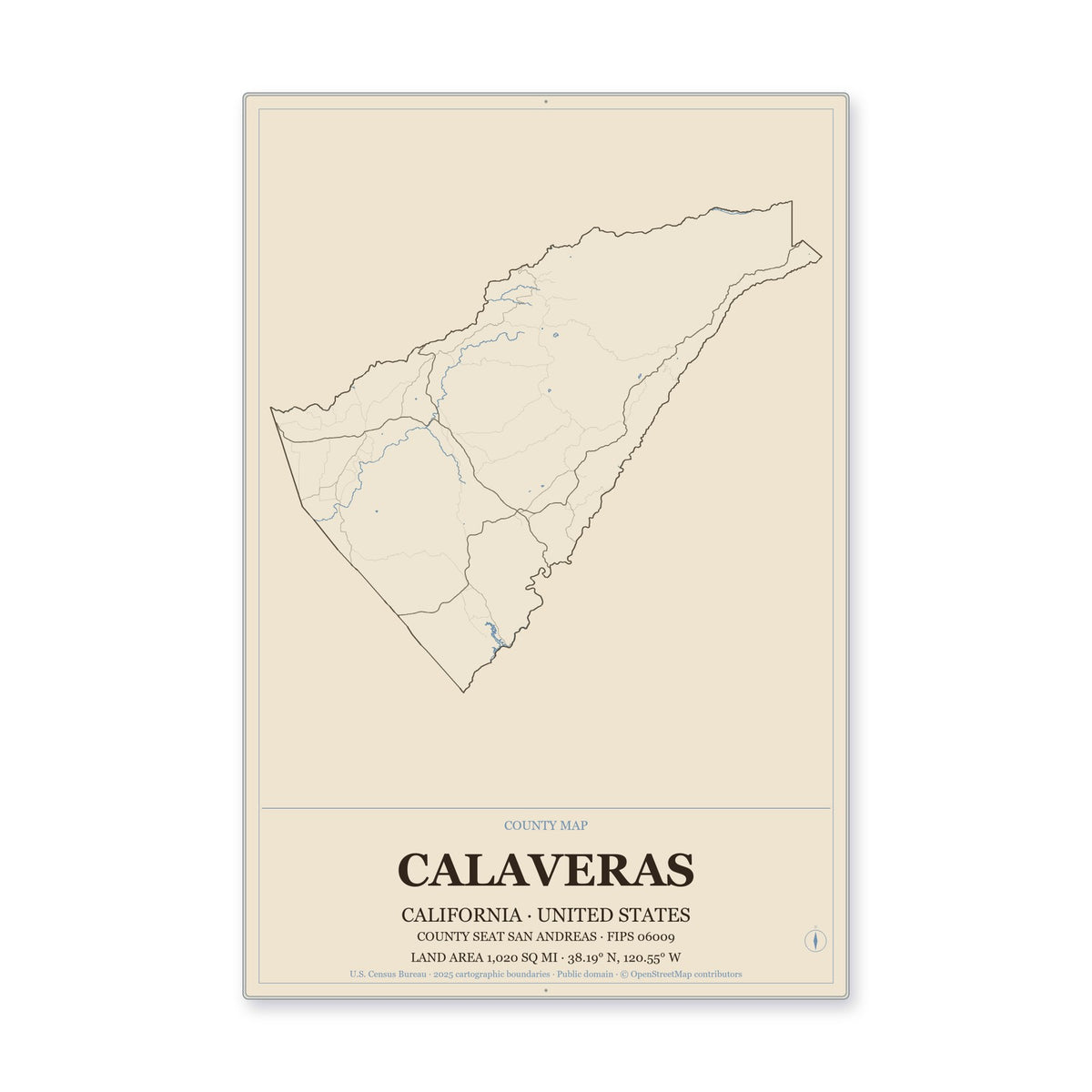 Calaveras County, California Map Aluminum Sign in Heritage Nautical style