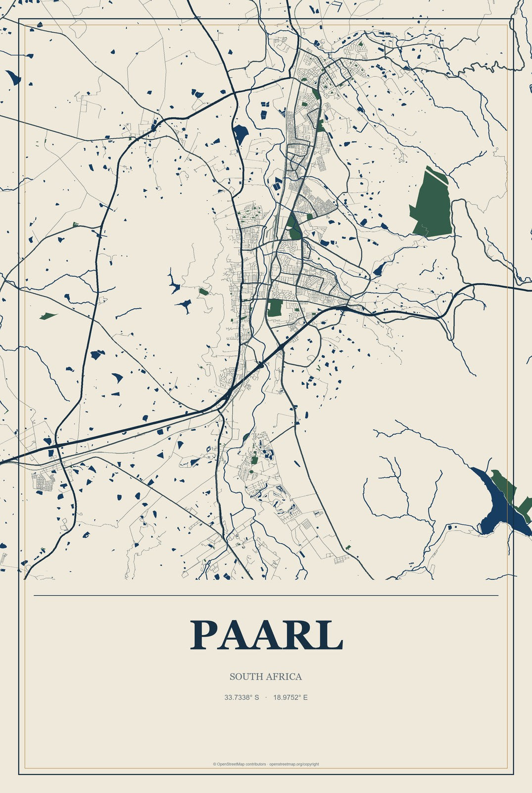 Paarl, South Africa City Map Aluminum Sign in Coastal Cutout style
