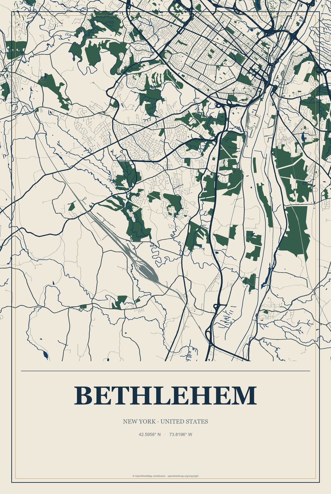 Bethlehem, New York City Map Aluminum Sign in Coastal Cutout style