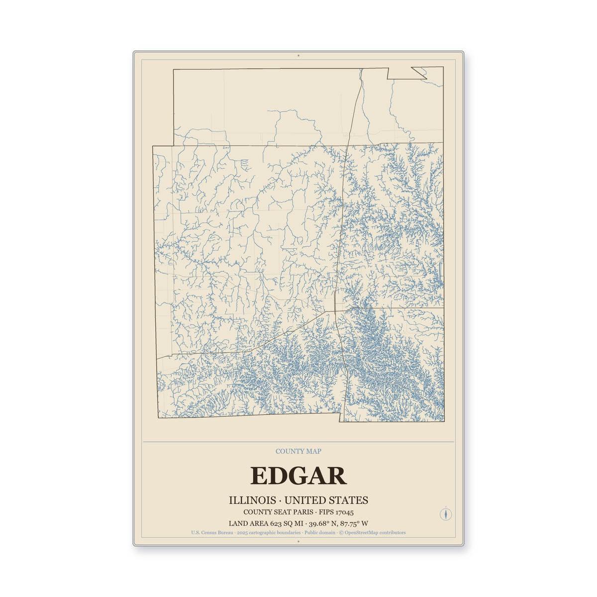 Edgar County, Illinois Map Aluminum Sign in Heritage Nautical style