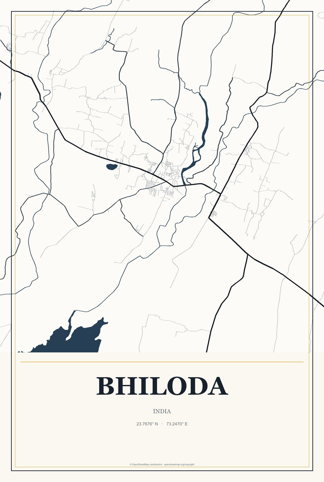 Bhiloda, India City Map Aluminum Sign in Citrine Modern style