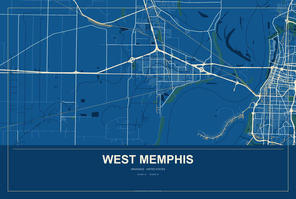 West Memphis, Arkansas City Map Aluminum Sign in Harbor Cobalt style