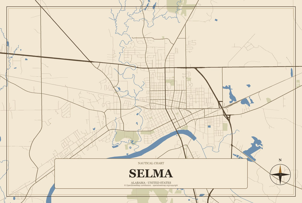 Selma, Alabama City Map Aluminum Sign in Heritage Nautical style