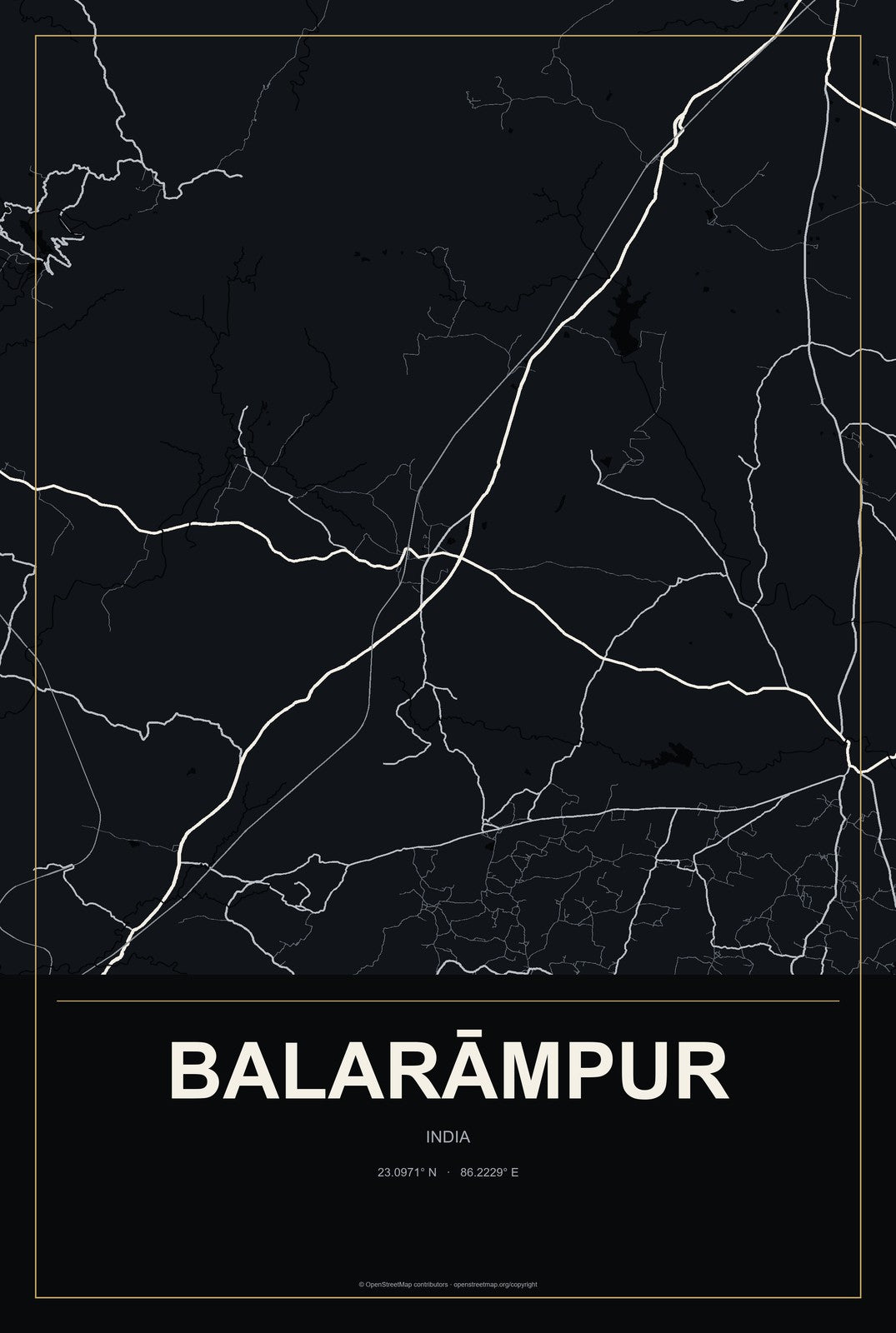 Balarāmpur, India City Map Aluminum Sign in Metropolitan Noir style