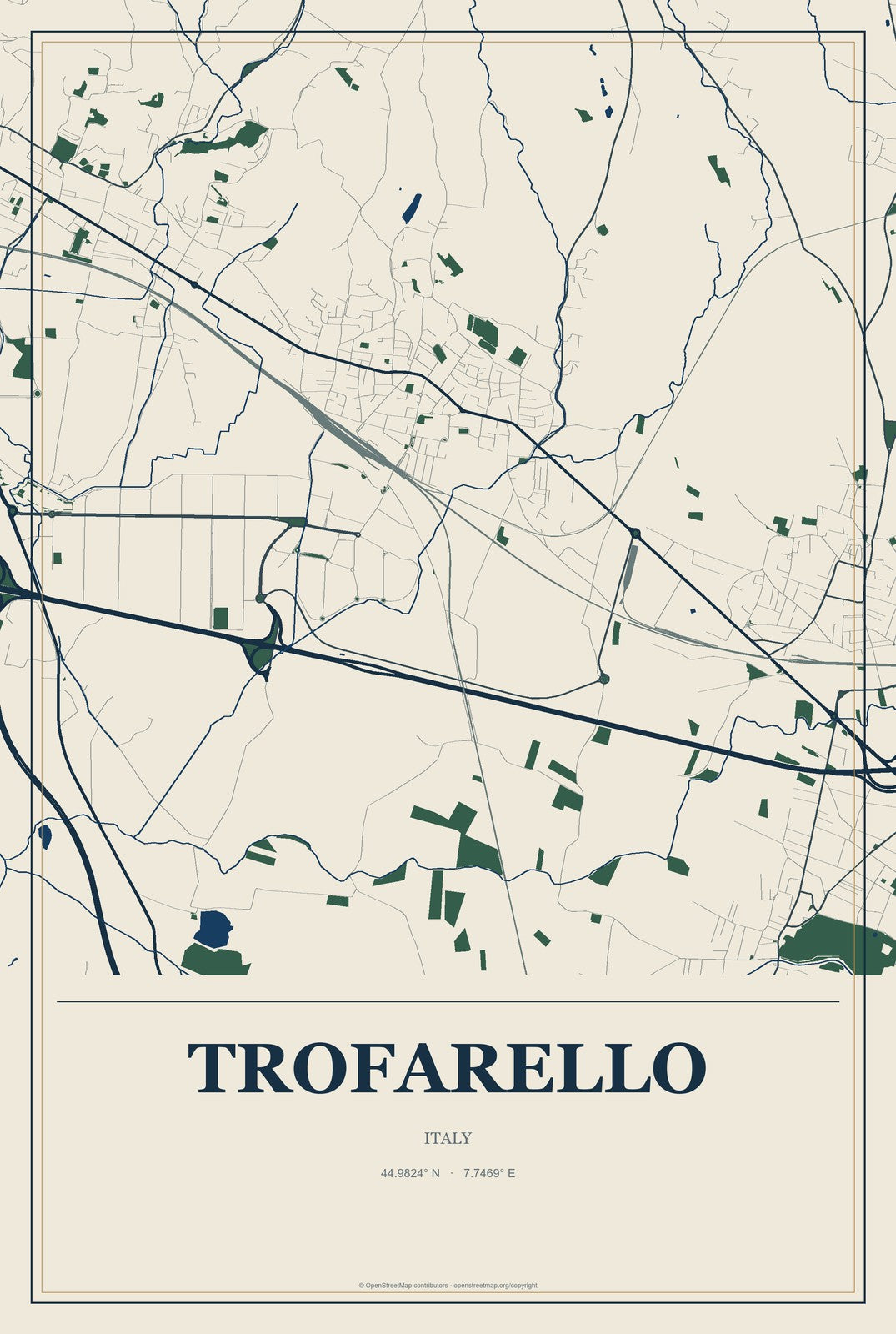 Trofarello, Italy City Map Aluminum Sign in Coastal Cutout style