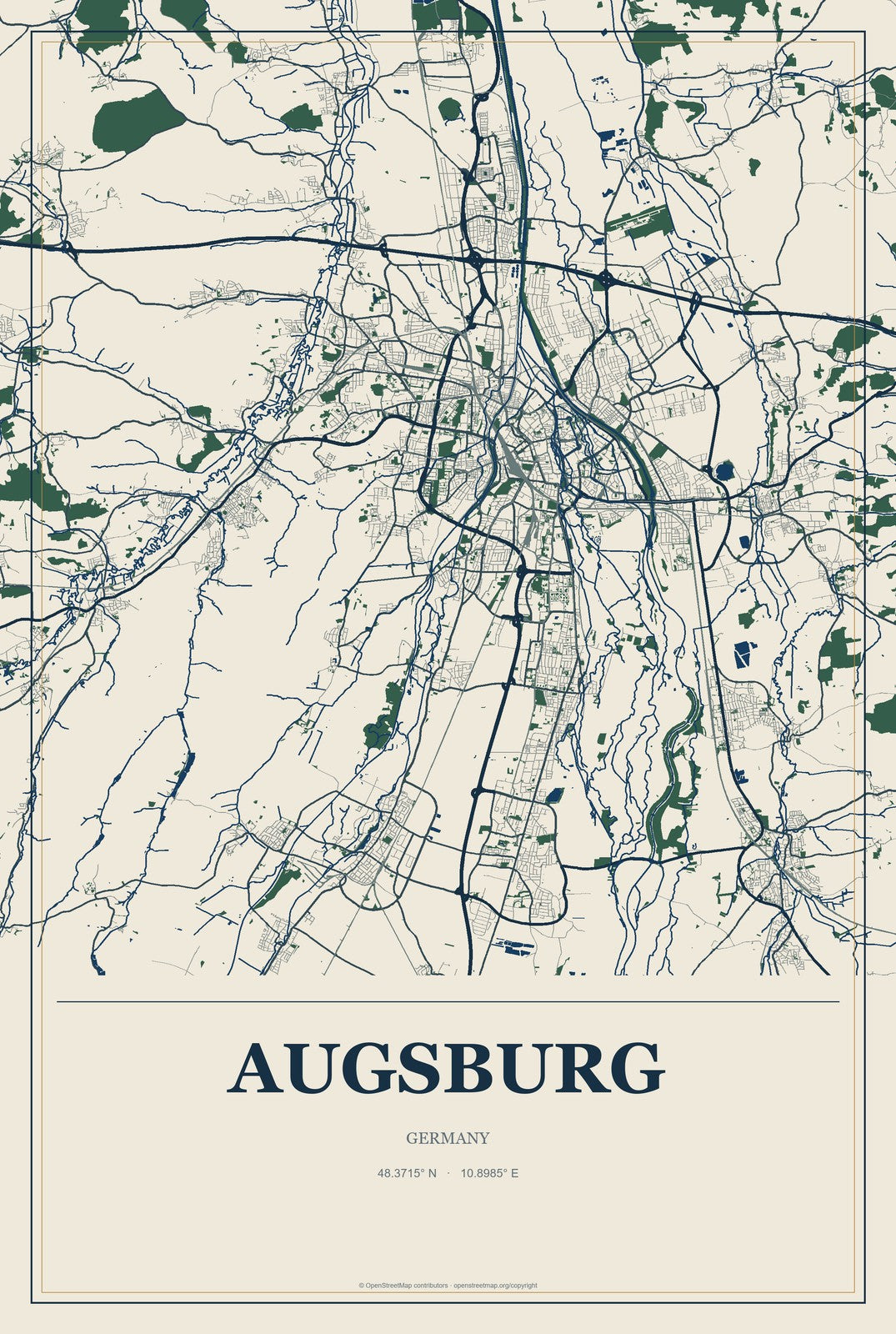 Augsburg, Germany City Map Aluminum Sign in Coastal Cutout style