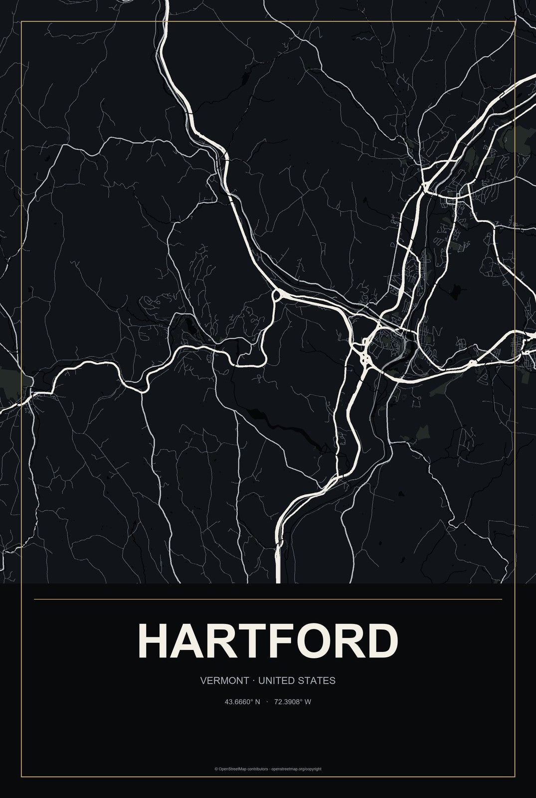 Hartford, Vermont City Map Aluminum Sign in Metropolitan Noir style
